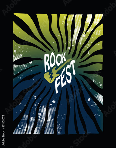 Vector illustration of stylized guitar and background with abstract shapes alluding to the rock festival.