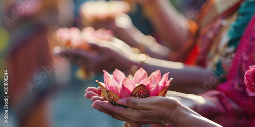 Close-up of hands holding beautifully crafted lotus offerings at a temple, with other devotees blurred in the background photo