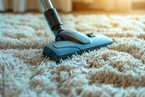 An unrecognized person cleaning room with harness the cleaning power vacuum cleaner with a blurry backdrop and space for text or product advertisement, Generative AI.