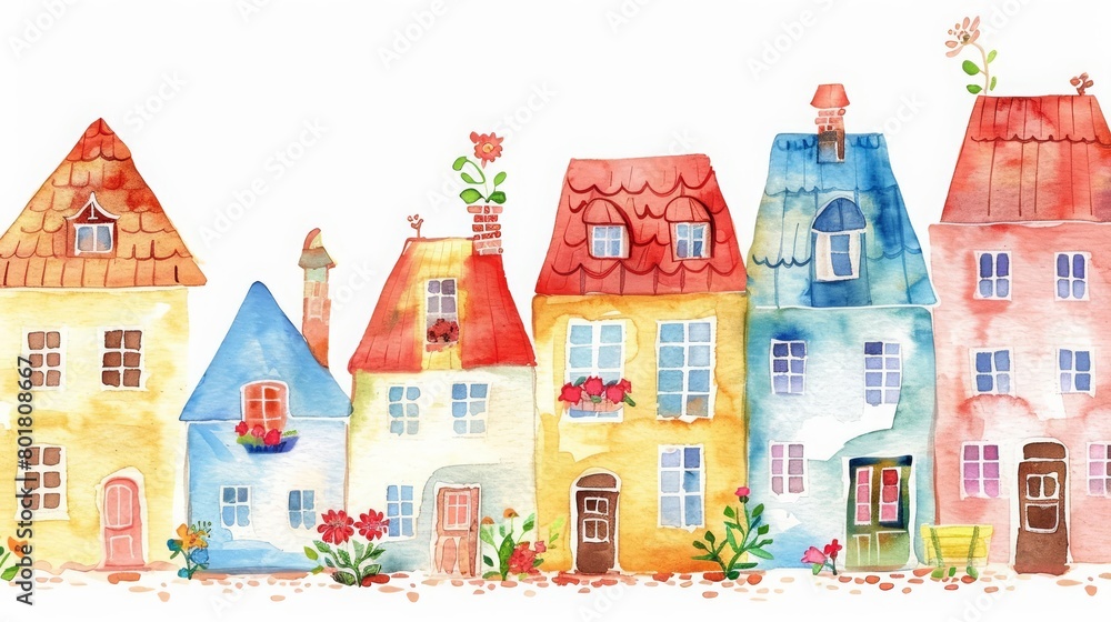 A row of colorful houses with flowers and trees