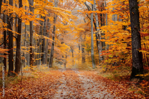Autumn forest with falling leaves and walking path, serene and colorful