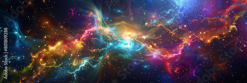 Ultra-wide display of a digital nebula  composed of vibrant particles and energetic connections.