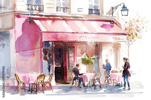 Parisian cafe with pink awning,watercolor painting.