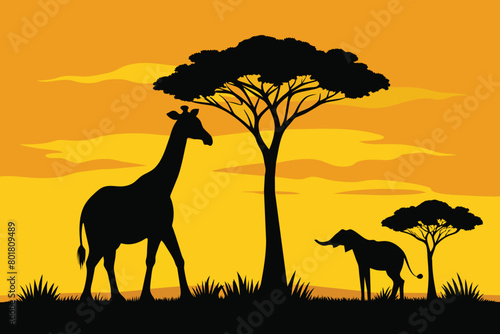 Silhouette of giraffe and elephant at savanah vector design