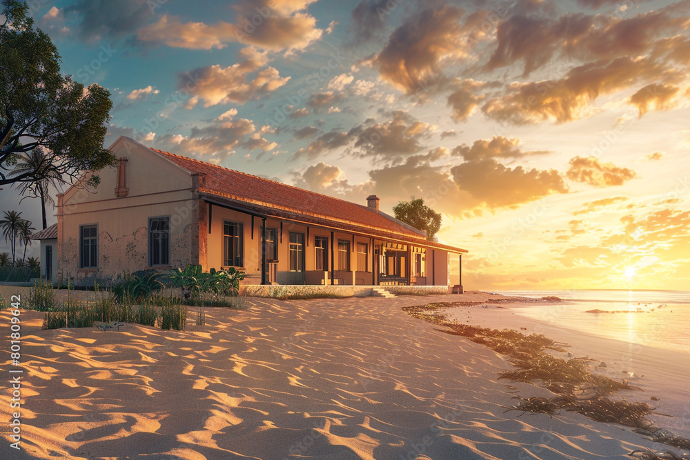 A 3D visualization of a Cape Vernacular style house on the sandy shores of Australia, with a seamless blend of indigenous and colonial designs under a brilliant sunset. A 3D visualization of a Cape Vernacular style house on the sandy shores of Australia, with a seamless blend of indigenous and colonial designs under a brilliant sunset.
