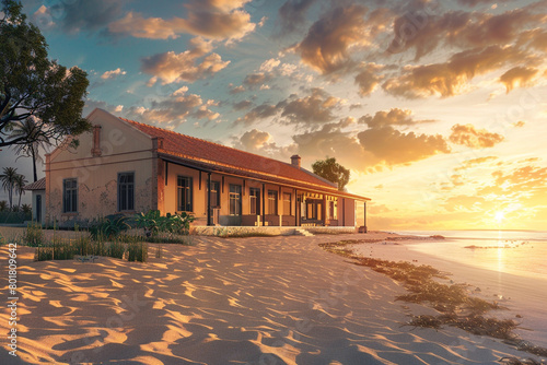 A 3D visualization of a Cape Vernacular style house on the sandy shores of Australia, with a seamless blend of indigenous and colonial designs under a brilliant sunset. photo