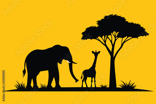 Silhouette of giraffe and elephant at savanah vector design