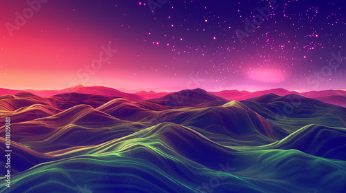 Virtual reality landscape with rolling hills and neon skies, simulating an otherworldly environment.