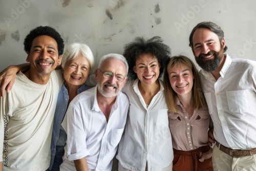 Group of diverse people smiling and looking at camera in a studio.