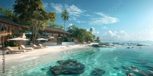 bright and clear beaches  view of the hotel  on a tropical island