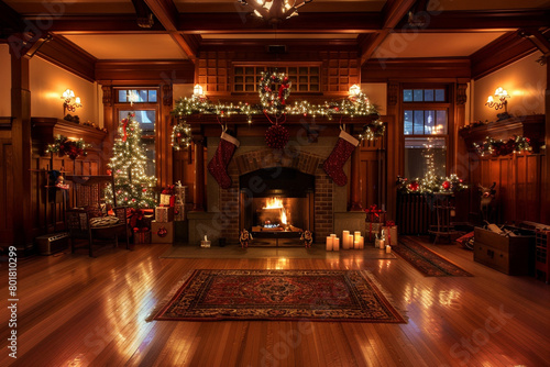 The warm, inviting interior of a craftsman home during the holiday season, with a grand fireplace, festive decorations, and the glow of string lights adding coziness.
