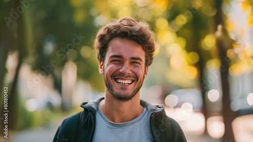 The face of a happy young man He was looking at his phone and saw that his cryptocurrency had increased in value photo