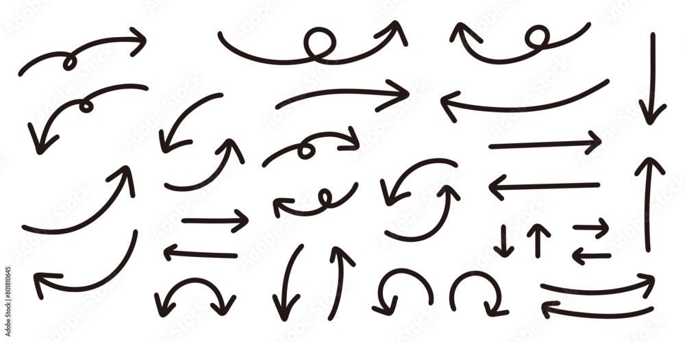 シンプルなペンの手書きの矢印セット_黒