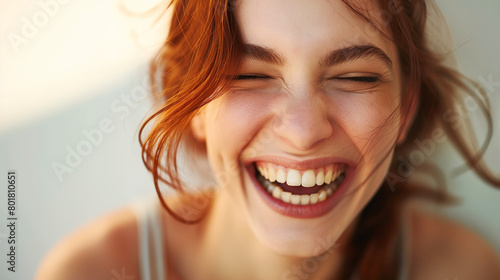 Frau lacht herzlichst mit geschlossenen Augen offenem Mund Zähne strahlend weiß am Weltlachtag internationaler Tag des Lachens 02. Mai Generative AI  photo