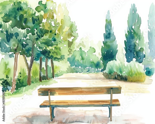 A watercolor painting of a park bench