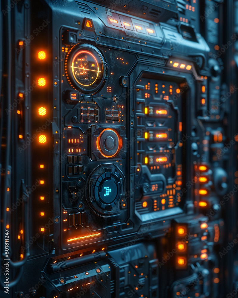 Intricate digital lock interface on a futuristic door, glowing under dim light Intricate digital lock interface on a futuristic door, glowing under dim light