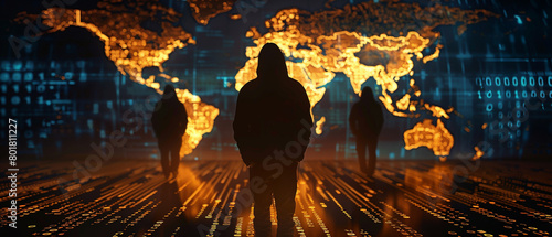 Hackers shadow over a digital map, symbolizing global cybersecurity threats