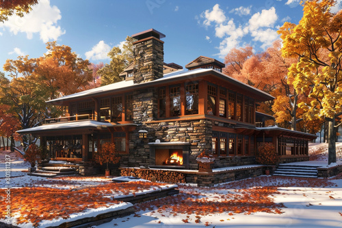 A 3D visualization of a Craftsman house in the Adirondacks, New York, designed for all seasons, with a stone fireplace, large windows for autumn leaf-peeping, and a snow-covered roof in winter. © artist