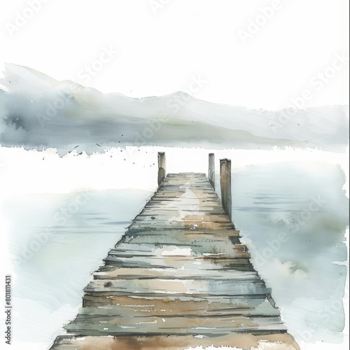 Create a watercolor painting of a dock jutting out into a lake