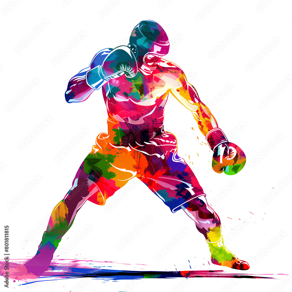 Vibrant Watercolor Boxer Preparing for a Punch on White Background