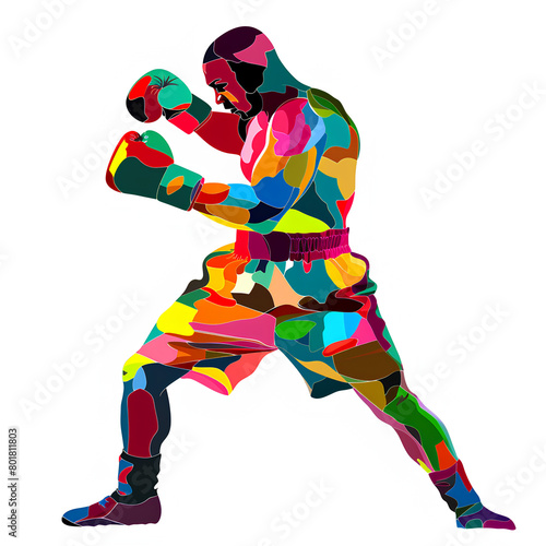 Colorful Watercolor Boxer in Dynamic Fighting Pose on White Background