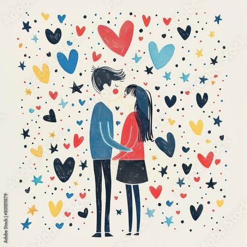 Wallpaper Mural man and woman in love. hearts and doodled stars and hearts all around Torontodigital.ca