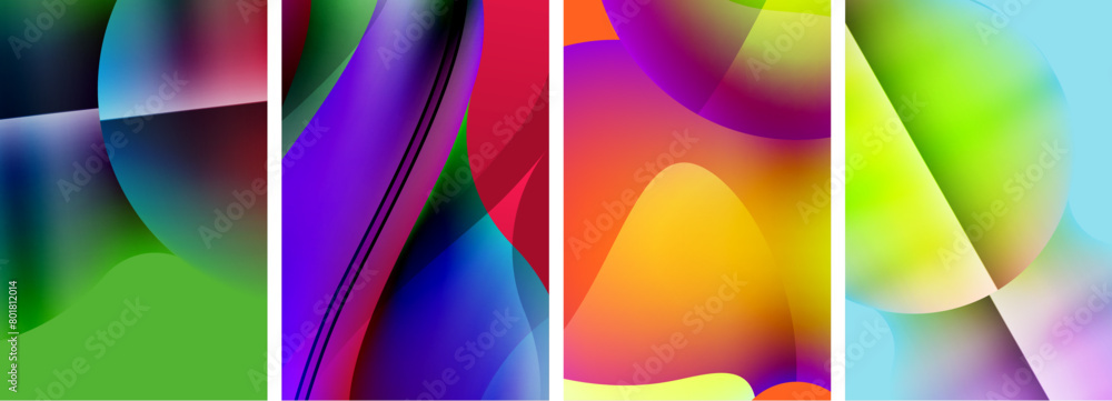 A vibrant collage of colorful abstract backgrounds featuring shades of purple, magenta, and violet, creating a symmetrical pattern in rectangular shapes