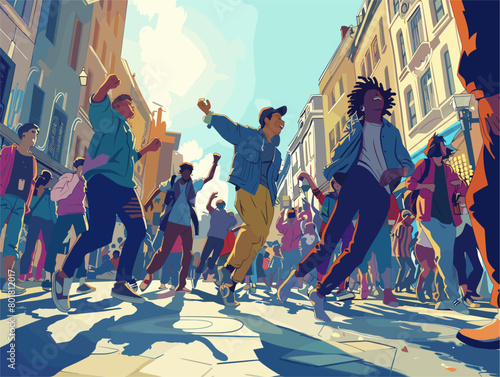 Animated Metropolis: Immersive Dance Mob Surprises Passersby on Bustling Street Corner