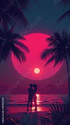 couples kissing under coconut palms at the sunset