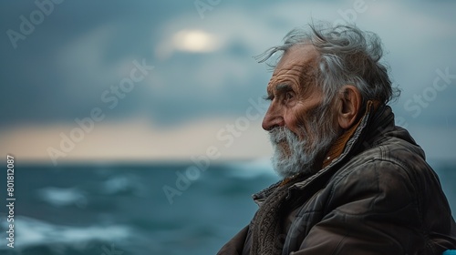 An elderly man in bewilderment, sitting by himself over the dune landscapes and peering out to sea at the golden twilight side view and space, Generative AI. © Electric Wolf