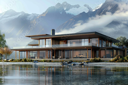 A 3D visualization of a New Zealand craftsmanhouse on the shores of a glacial lake, with large glass windows, natural wood finishes, and a backdrop of dramatic mountain ranges shrouded in mist. photo