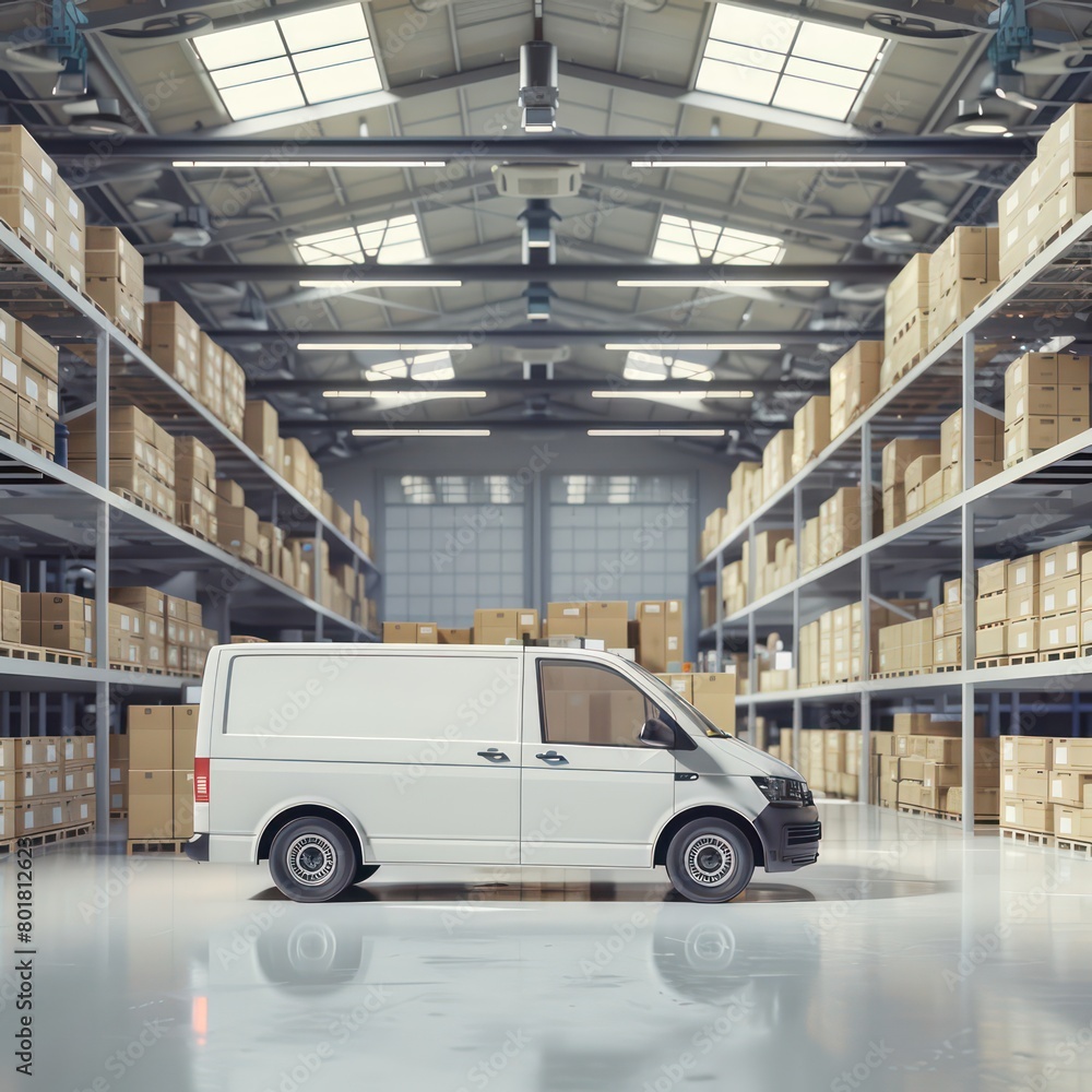 minivan in warehouse full of boxes, white colors