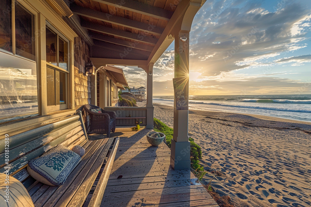 Fototapeta premium A beachfront Craftsman cottage with weathered wood siding, a sunlit porch, and nautical-themed details, overlooking the sandy shore and crashing waves.