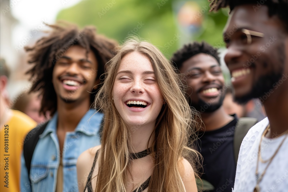 Group of diverse friends walking in the city. Group of people having fun together. Group of diverse friends walking in the city. Group of people having fun together.