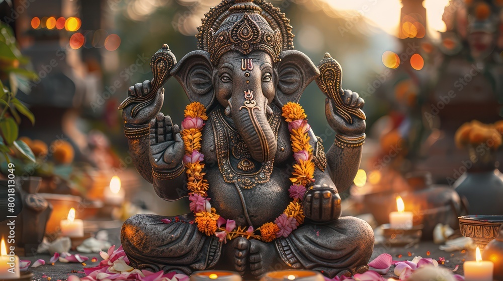 Close-up photo of Ganesha statue Decorated with garlands and surrounded with candles. It emphasizes his cultural importance in Hindu festivals. Close-up photo of Ganesha statue Decorated with garlands and surrounded with candles. It emphasizes his cultural importance in Hindu festivals.
