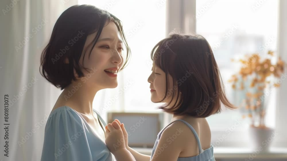 Smiling young mother in blue outfit lovingly dances with her little daughter in matching dress, sharing a heartwarming moment of joy and connection at home by the window.
Smiling young mother in blue outfit lovingly dances with her little daughter in matching dress, sharing a heartwarming moment of joy and connection at home by the window.
