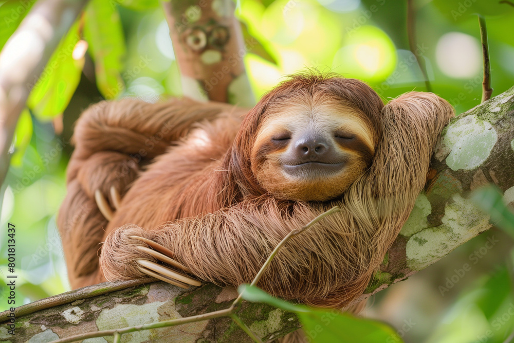 Fototapeta premium A delightful illustration of a sloth meditating while hanging from a tree branch, with its eyes closed. This unique depiction offers a humorous yet peaceful take on mindfulness