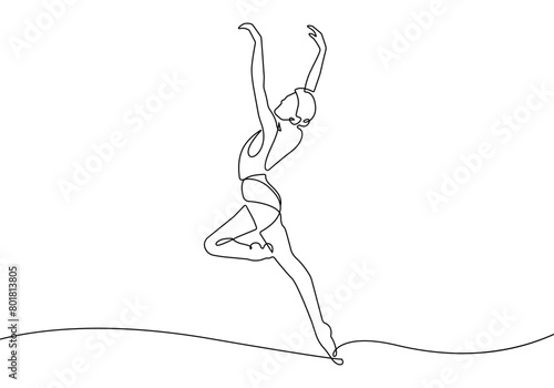 Woman Ballerina Silhouette Continuous One Line Drawing. Woman Dancer Abstract Minimal Outline Illustration. Fitness Concept with Sport Exercise Continuous One Line Drawing. Vector EPS 10.