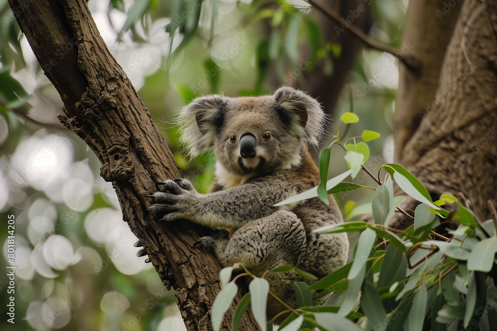 Fototapeta premium A tranquil illustration of a koala meditating calmly while perched in the fork of a eucalyptus tree. This peaceful image captures the essence of serenity and mindfulness, with the koala nestled among 