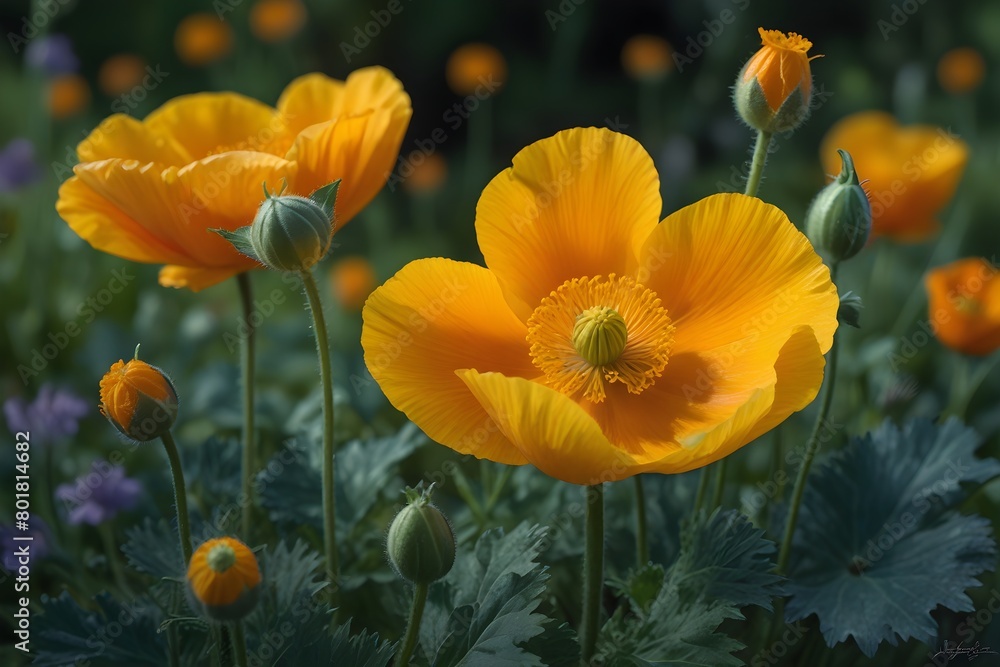 Obraz premium Close-up view of vibrant Welsh Poppy flowers against a lush green garden