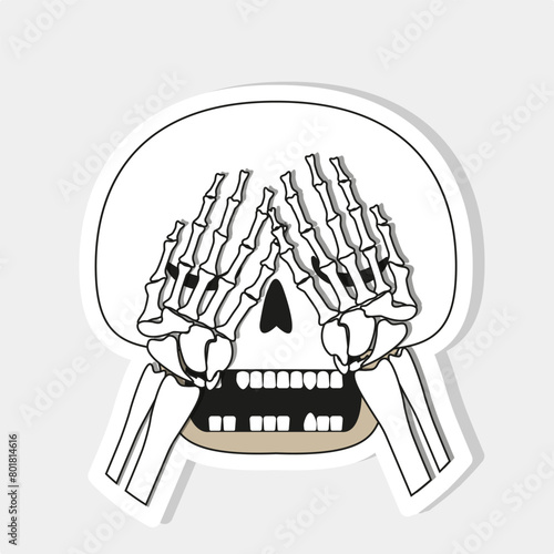 A sticker with the image of a skeleton who is afraid or disappointed and covers his eyes with his palms.
