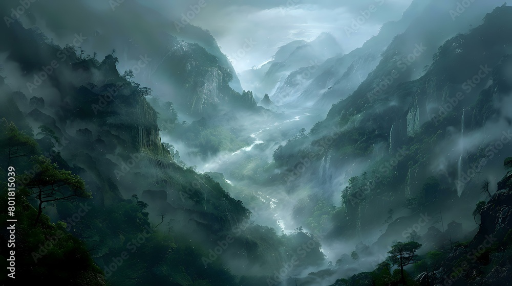 A dark and misty mountain valley with trees, a river flowing through the middle of it.