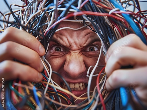 Frustrated Person Gripping Entangled Wires and Cables in Close-Up View
