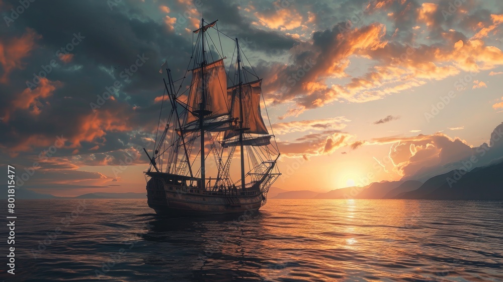 Obraz premium Sailing Ship in a Scene of Dramatic Discovery. Generative Ai.