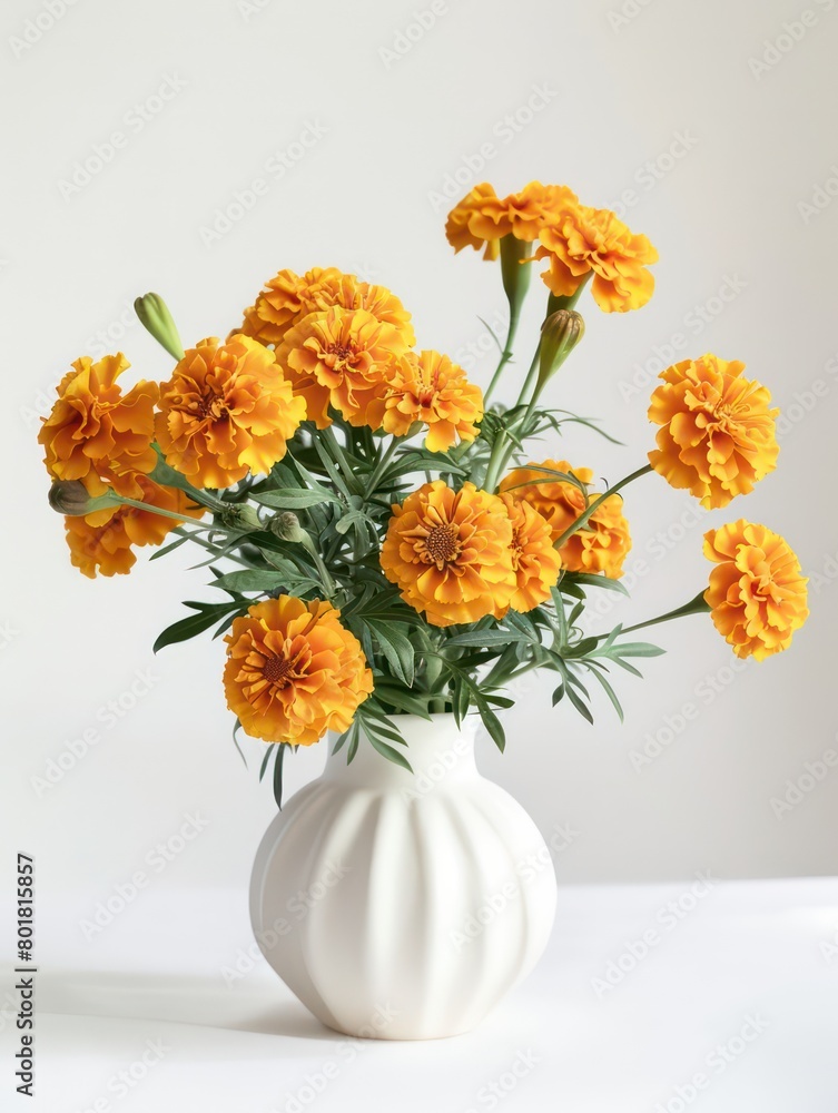 marigolds in a white vase on a white background