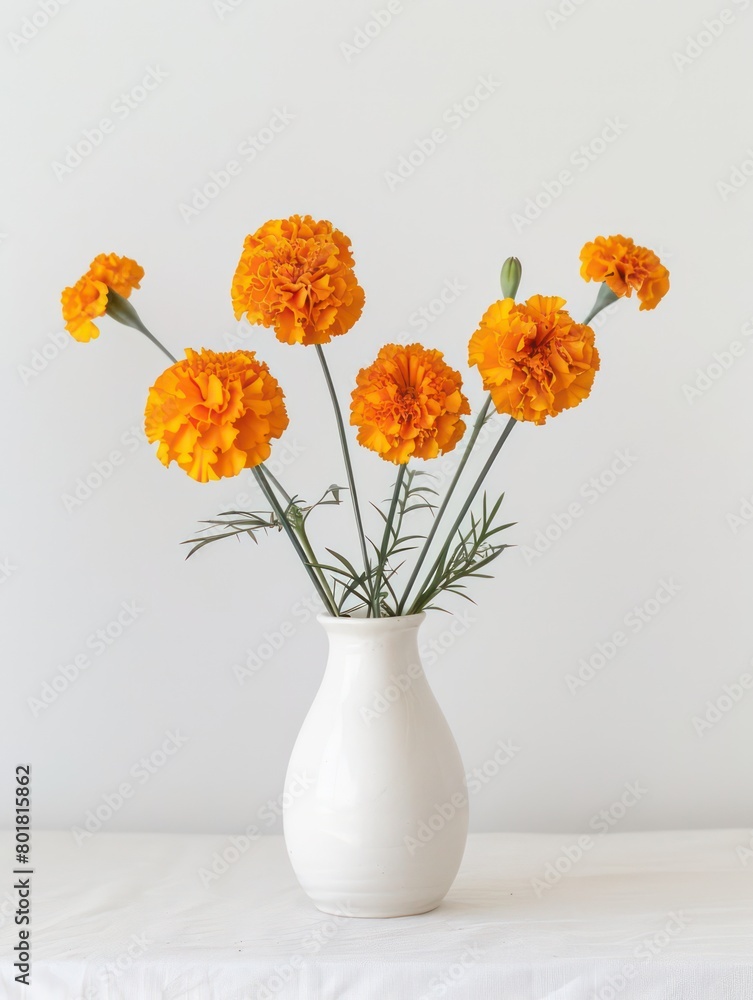 marigolds in a white vase on a white background marigolds in a white vase on a white background