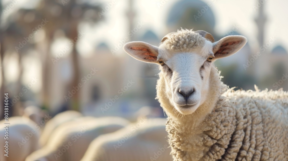 Sheep for Eid al-Adha with Mosque Background
