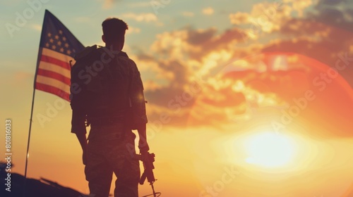 Solder standing in front of USA flag at sunrise. Concept for Memorial Day, Independence day, 4tf of July, Patriot Day, Veterans Day. Generative AI