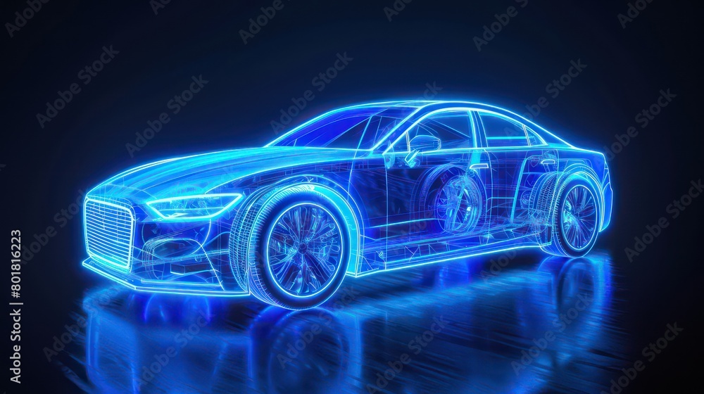 blue neon light car, dark blue background blue neon light car, dark blue background