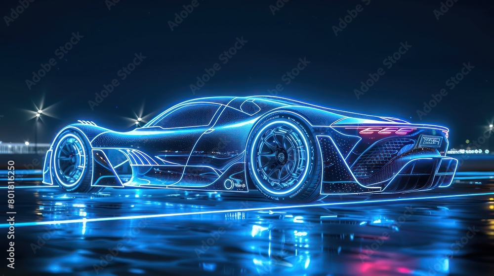 blue neon light car, dark blue background blue neon light car, dark blue background